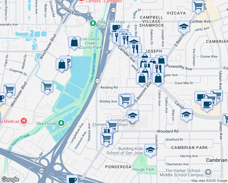 map of restaurants, bars, coffee shops, grocery stores, and more near 112 Redding Road in Campbell