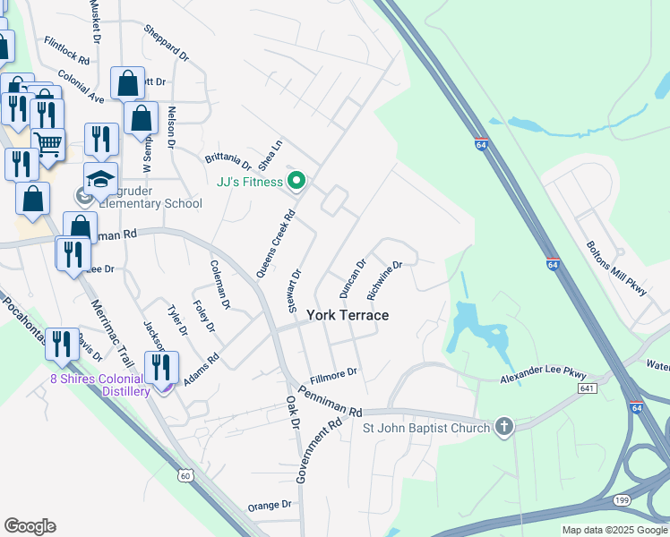 map of restaurants, bars, coffee shops, grocery stores, and more near 404 Berkeley Drive in Williamsburg