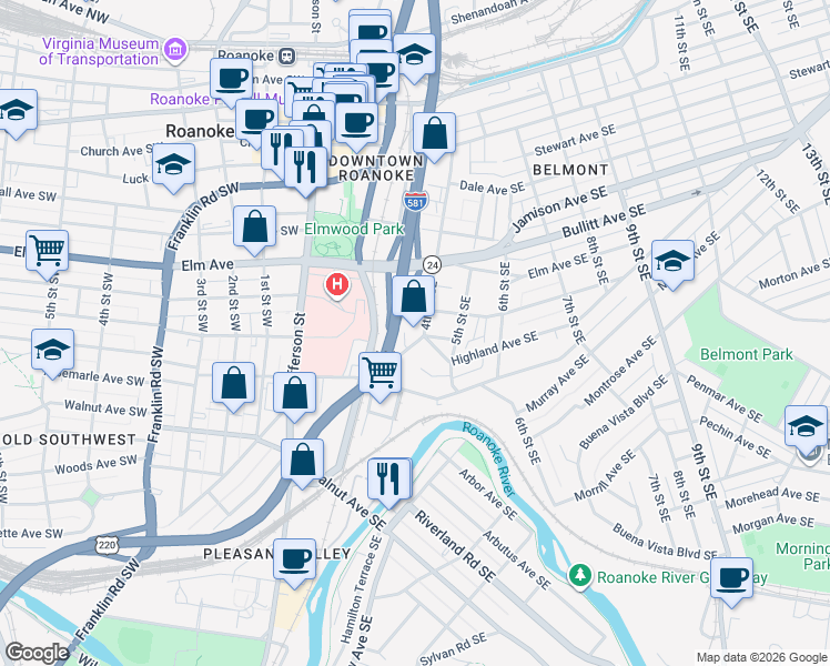map of restaurants, bars, coffee shops, grocery stores, and more near 909 4th Street Southeast in Roanoke