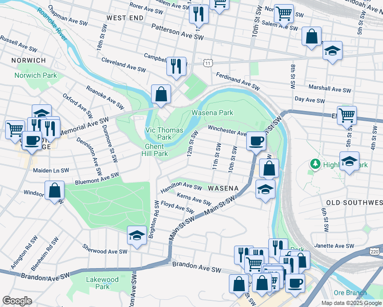 map of restaurants, bars, coffee shops, grocery stores, and more near 1138 Wasena Avenue Southwest in Roanoke