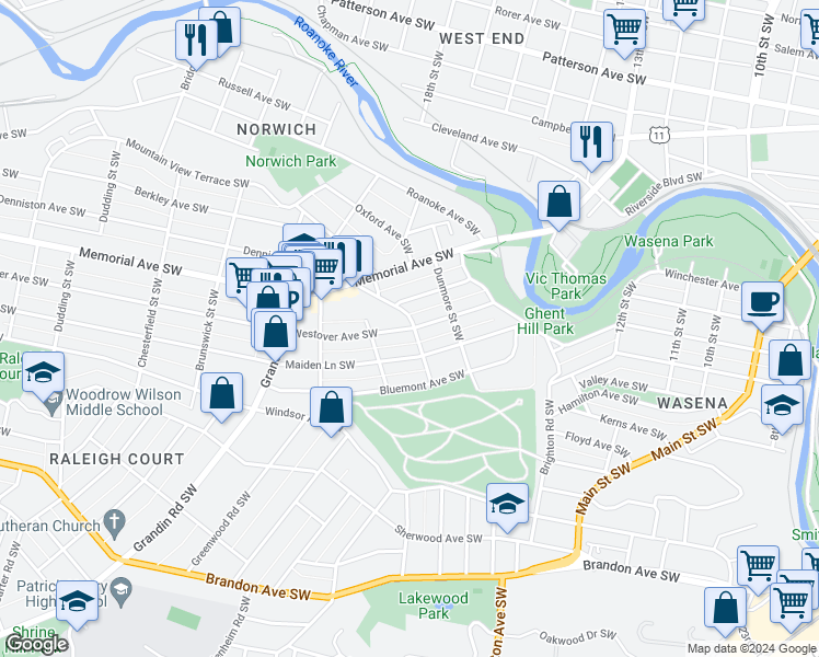 map of restaurants, bars, coffee shops, grocery stores, and more near 1708 Westover Avenue Southwest in Roanoke