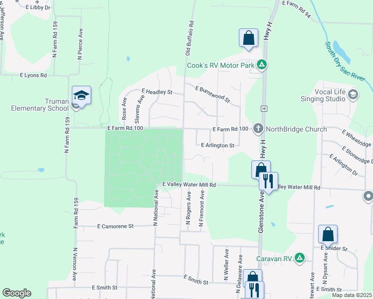 map of restaurants, bars, coffee shops, grocery stores, and more near 3710 North Farm Road 165 in Springfield