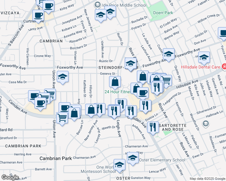 map of restaurants, bars, coffee shops, grocery stores, and more near 3290 Todd Way in San Jose
