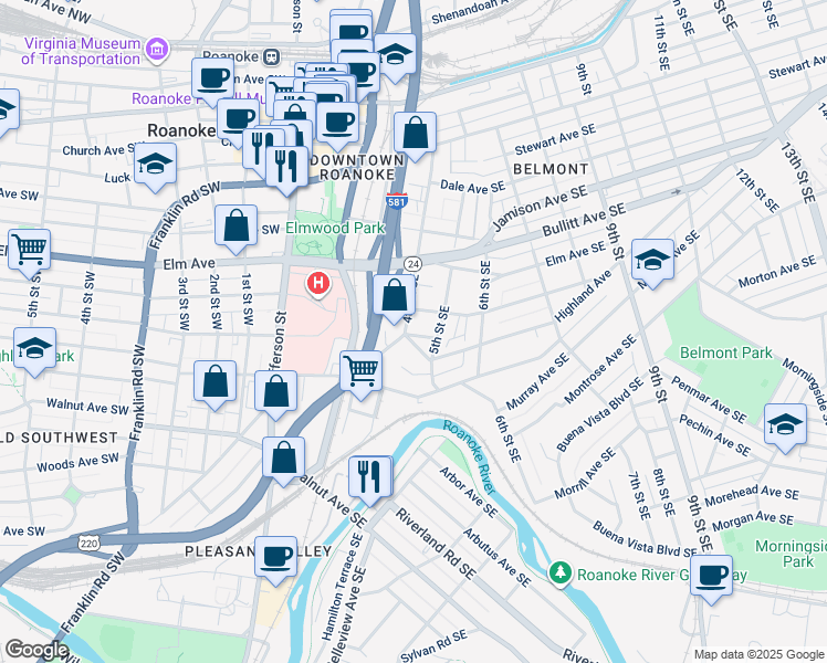 map of restaurants, bars, coffee shops, grocery stores, and more near 408 Jennings Avenue Southeast in Roanoke