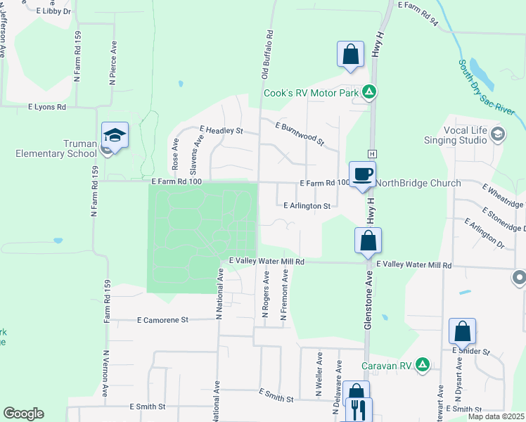 map of restaurants, bars, coffee shops, grocery stores, and more near 3710 North Farm Road 165 in Springfield
