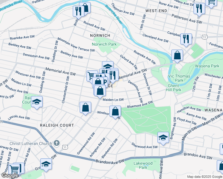 map of restaurants, bars, coffee shops, grocery stores, and more near 1331 Winborne Street Southwest in Roanoke