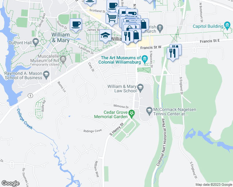 map of restaurants, bars, coffee shops, grocery stores, and more near 674 Counselors Way in Williamsburg