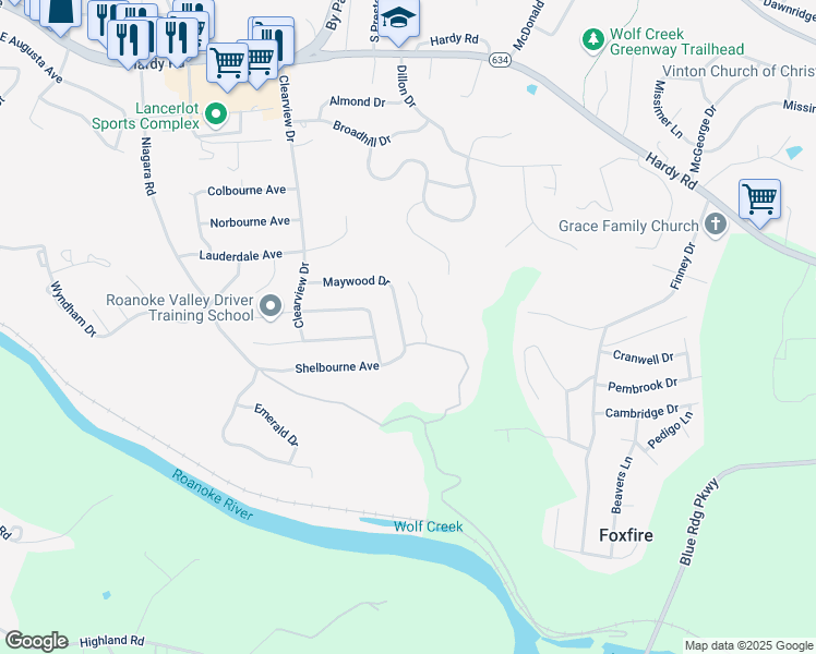 map of restaurants, bars, coffee shops, grocery stores, and more near 673 Shelbourne Avenue in Vinton