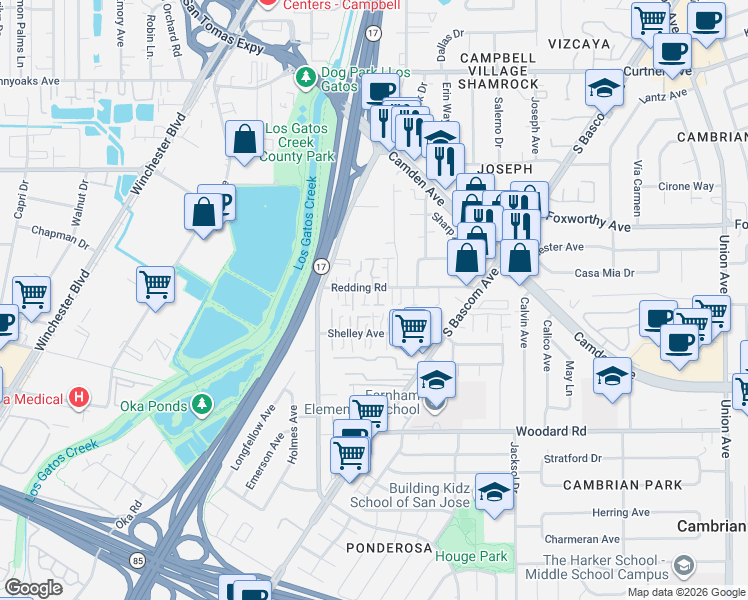 map of restaurants, bars, coffee shops, grocery stores, and more near 112 Redding Road in Campbell