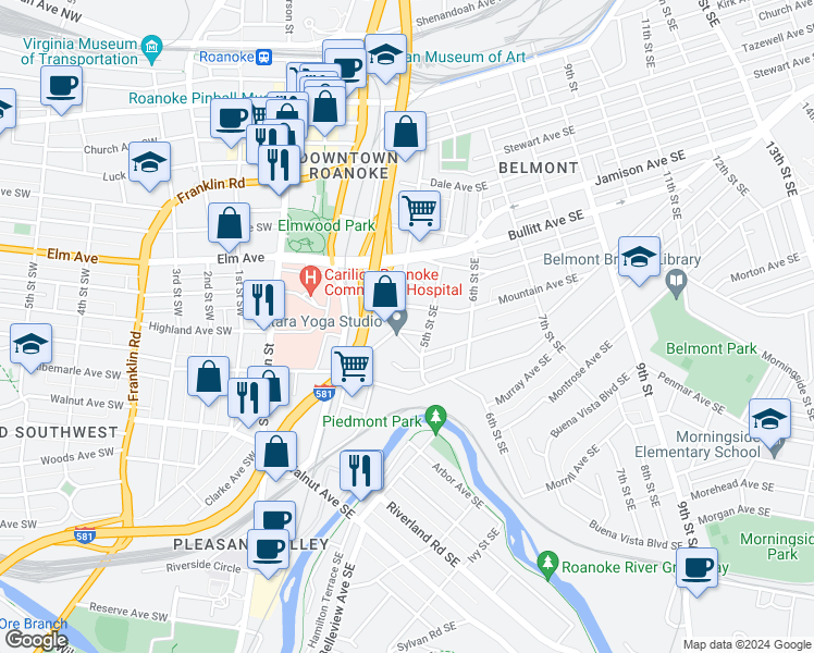 map of restaurants, bars, coffee shops, grocery stores, and more near 410 Jennings Avenue Southeast in Roanoke