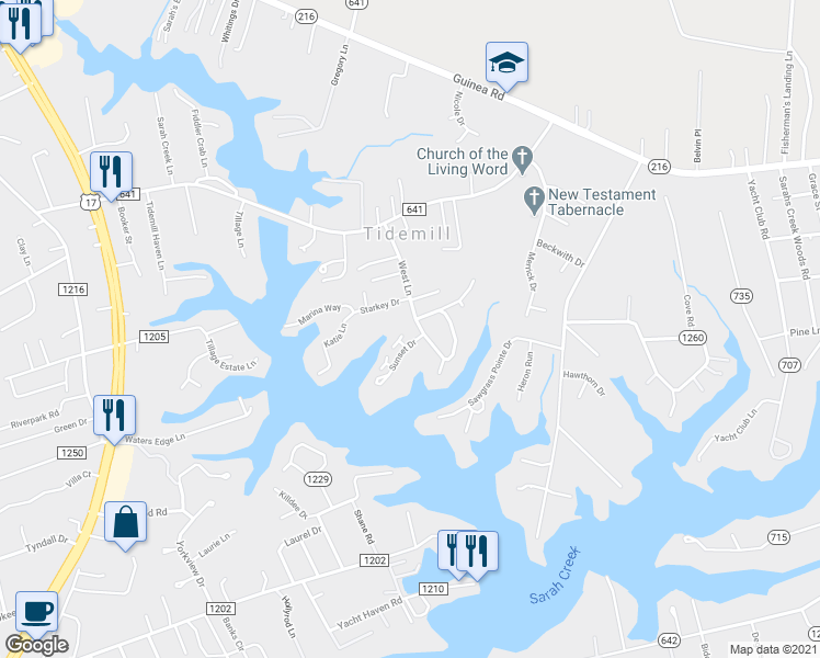 map of restaurants, bars, coffee shops, grocery stores, and more near 8007 Sunset Drive in Gloucester Point
