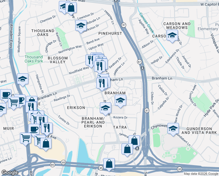 map of restaurants, bars, coffee shops, grocery stores, and more near 4601 Meadowhurst Court in San Jose