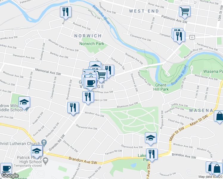 map of restaurants, bars, coffee shops, grocery stores, and more near 1801 Westover Avenue Southwest in Roanoke