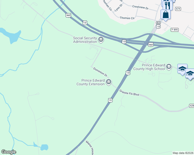 map of restaurants, bars, coffee shops, grocery stores, and more near 200 Dominion Drive in Farmville