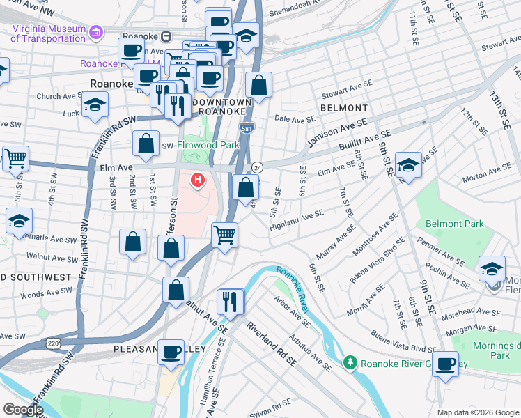 map of restaurants, bars, coffee shops, grocery stores, and more near 909 4th Street Southeast in Roanoke