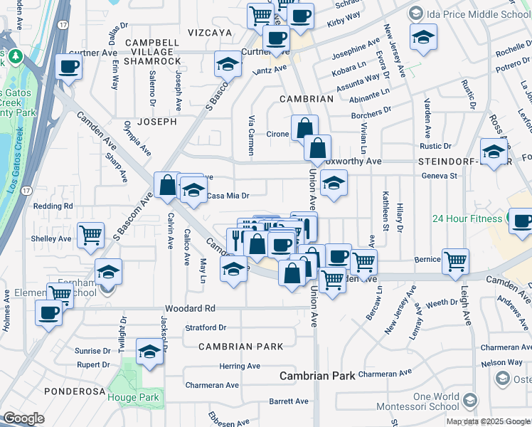 map of restaurants, bars, coffee shops, grocery stores, and more near 2072 Cully Place in San Jose