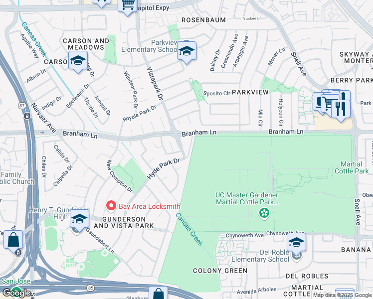 map of restaurants, bars, coffee shops, grocery stores, and more near 380 Branham Lane in San Jose