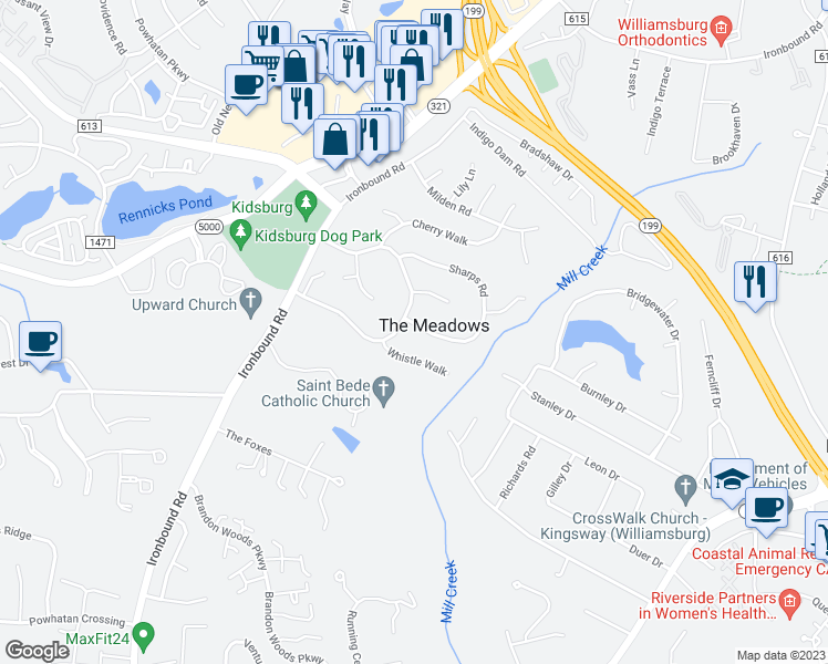map of restaurants, bars, coffee shops, grocery stores, and more near 102 Sharps Road in Williamsburg