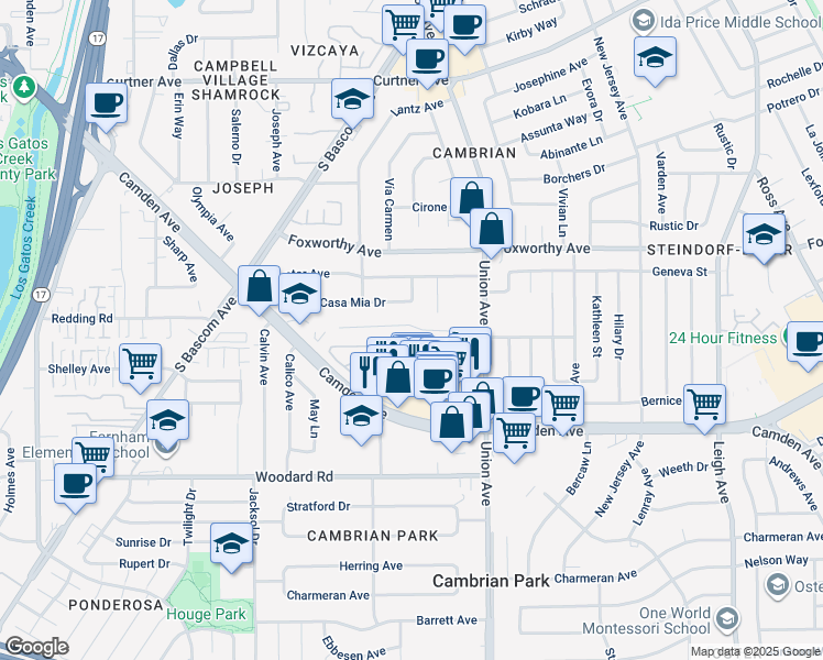 map of restaurants, bars, coffee shops, grocery stores, and more near 2072 Cully Place in San Jose