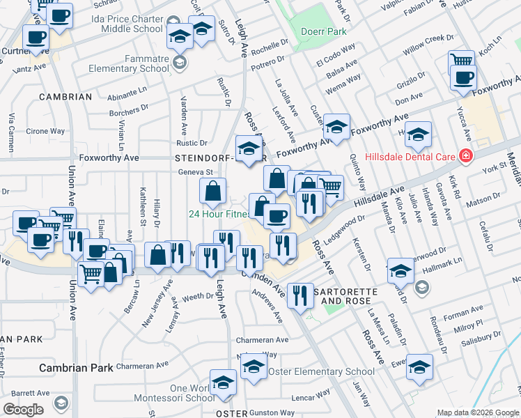 map of restaurants, bars, coffee shops, grocery stores, and more near 1825 Hillsdale Avenue in San Jose