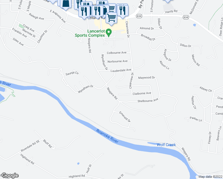 map of restaurants, bars, coffee shops, grocery stores, and more near 1100 Niagara Road in Vinton