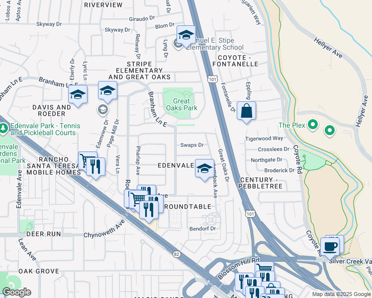 map of restaurants, bars, coffee shops, grocery stores, and more near 351 Indian Broom Drive in San Jose