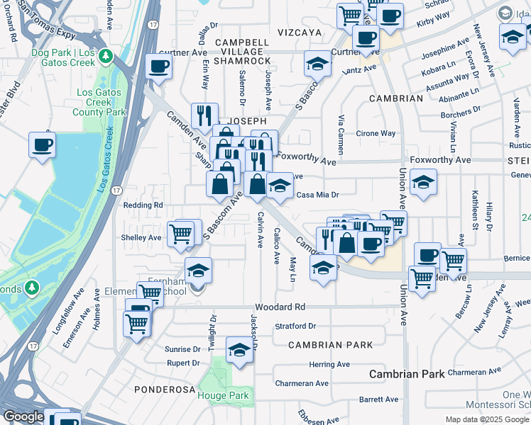 map of restaurants, bars, coffee shops, grocery stores, and more near 2212 Camden Avenue in San Jose