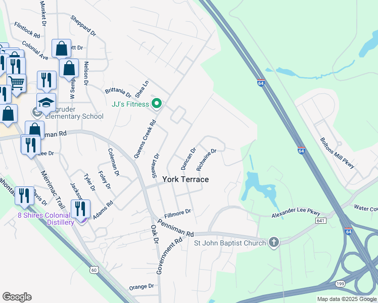 map of restaurants, bars, coffee shops, grocery stores, and more near 1177 Duncan Drive in Williamsburg
