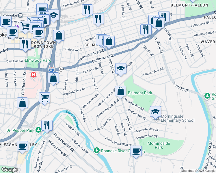 map of restaurants, bars, coffee shops, grocery stores, and more near 721 Murray Avenue Southeast in Roanoke