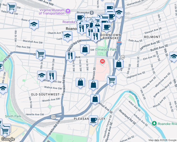 map of restaurants, bars, coffee shops, grocery stores, and more near 1001 1st Street Southwest in Roanoke