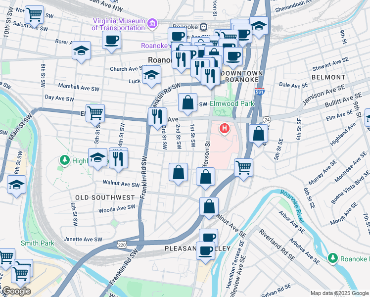 map of restaurants, bars, coffee shops, grocery stores, and more near 1001 1st Street Southwest in Roanoke