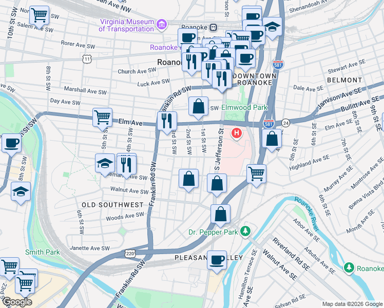 map of restaurants, bars, coffee shops, grocery stores, and more near 212 Highland Avenue Southwest in Roanoke