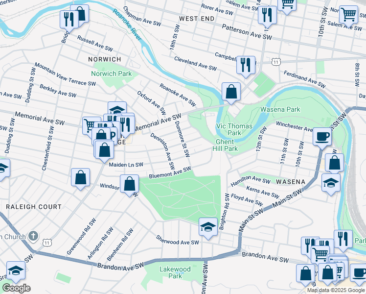 map of restaurants, bars, coffee shops, grocery stores, and more near 1613 Maiden Lane Southwest in Roanoke