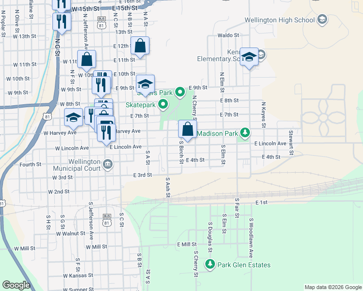 map of restaurants, bars, coffee shops, grocery stores, and more near 598 E Lincoln Ave in Wellington
