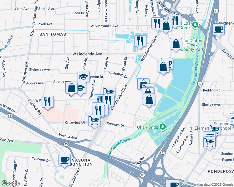 map of restaurants, bars, coffee shops, grocery stores, and more near 3303 South Winchester Boulevard in Campbell