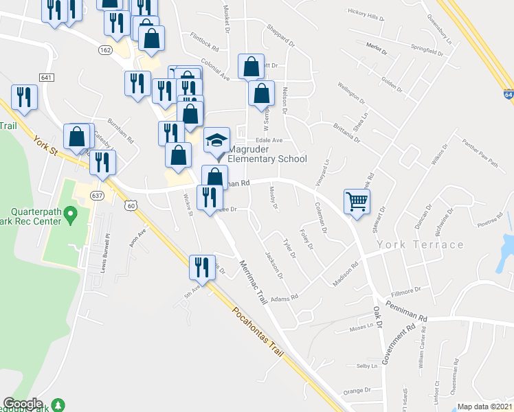 map of restaurants, bars, coffee shops, grocery stores, and more near 711 Jackson Drive in Williamsburg