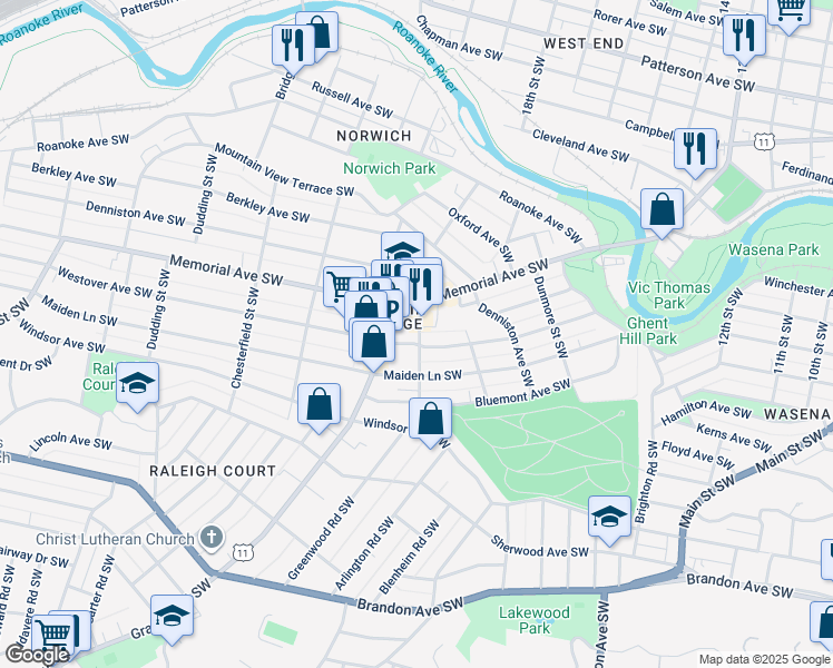 map of restaurants, bars, coffee shops, grocery stores, and more near 1325 Winborne Street Southwest in Roanoke