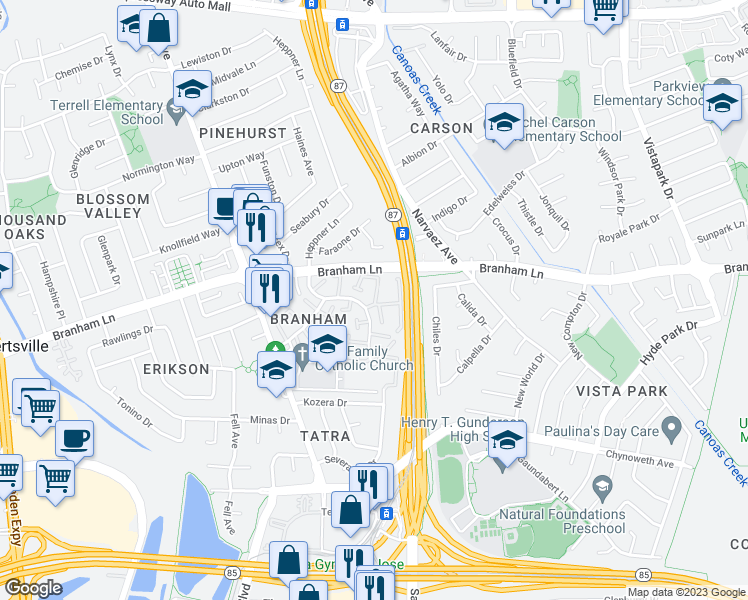 map of restaurants, bars, coffee shops, grocery stores, and more near 4573 Cimarron River Court in San Jose
