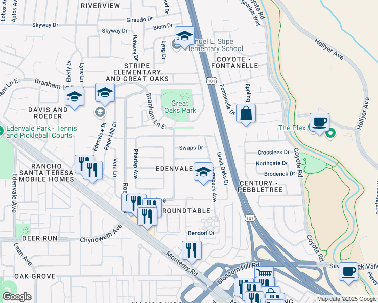 map of restaurants, bars, coffee shops, grocery stores, and more near 342 Swaps Drive in San Jose