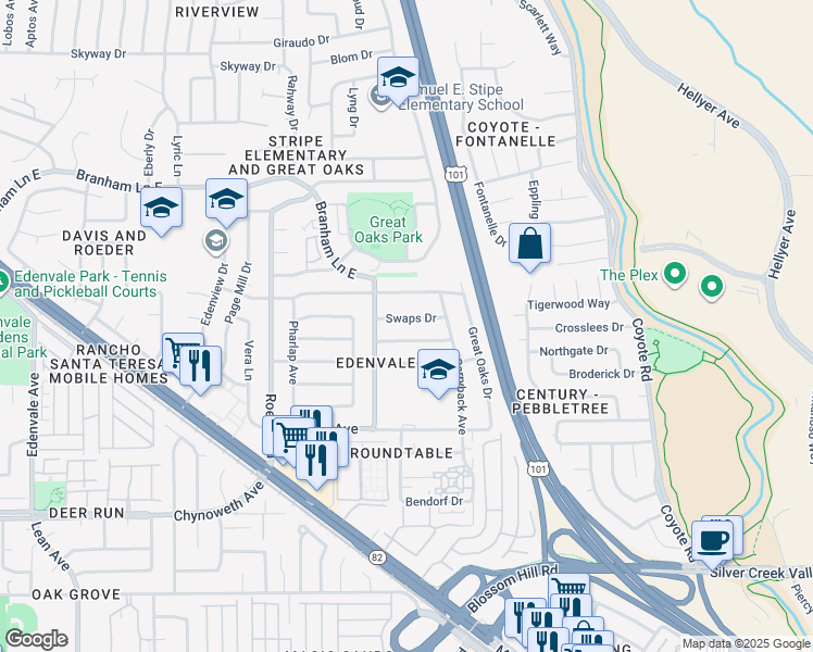 map of restaurants, bars, coffee shops, grocery stores, and more near 342 Swaps Drive in San Jose
