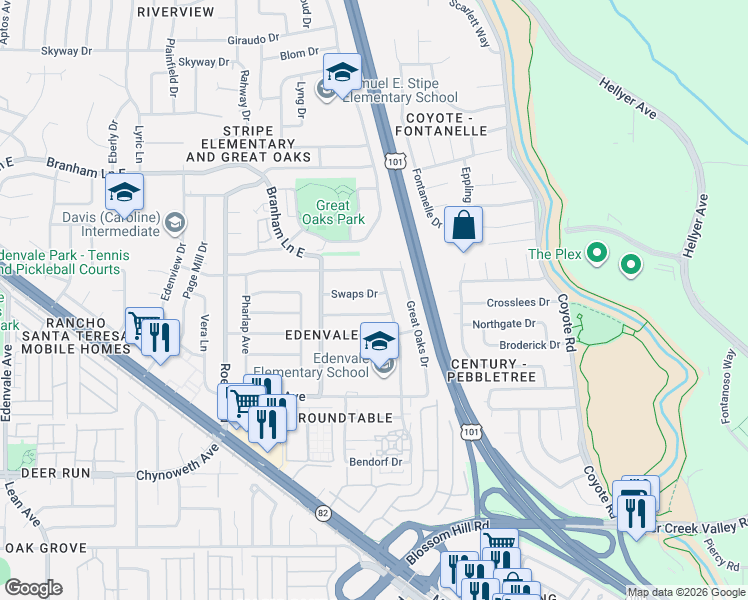 map of restaurants, bars, coffee shops, grocery stores, and more near 5245 Carryback Avenue in San Jose