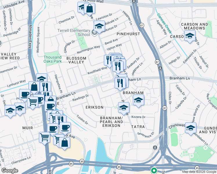 map of restaurants, bars, coffee shops, grocery stores, and more near 4670 La Crescent Loop in San Jose