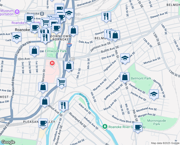 map of restaurants, bars, coffee shops, grocery stores, and more near 908 6th Street Southeast in Roanoke