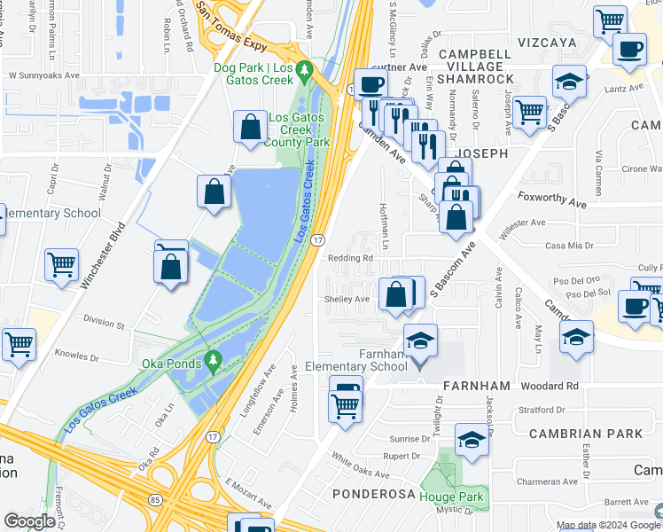 map of restaurants, bars, coffee shops, grocery stores, and more near 44 Redding Road in Campbell