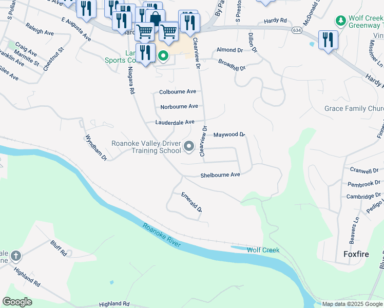 map of restaurants, bars, coffee shops, grocery stores, and more near 933 Blandford Avenue in Vinton