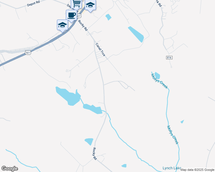 map of restaurants, bars, coffee shops, grocery stores, and more near 600 Rocky Road in Rustburg