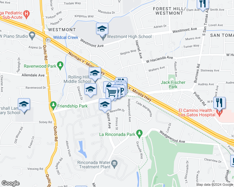 map of restaurants, bars, coffee shops, grocery stores, and more near 1697 Las Piedras Court in Los Gatos
