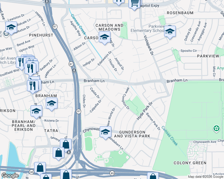 map of restaurants, bars, coffee shops, grocery stores, and more near 4623 Sidlaw Court in San Jose