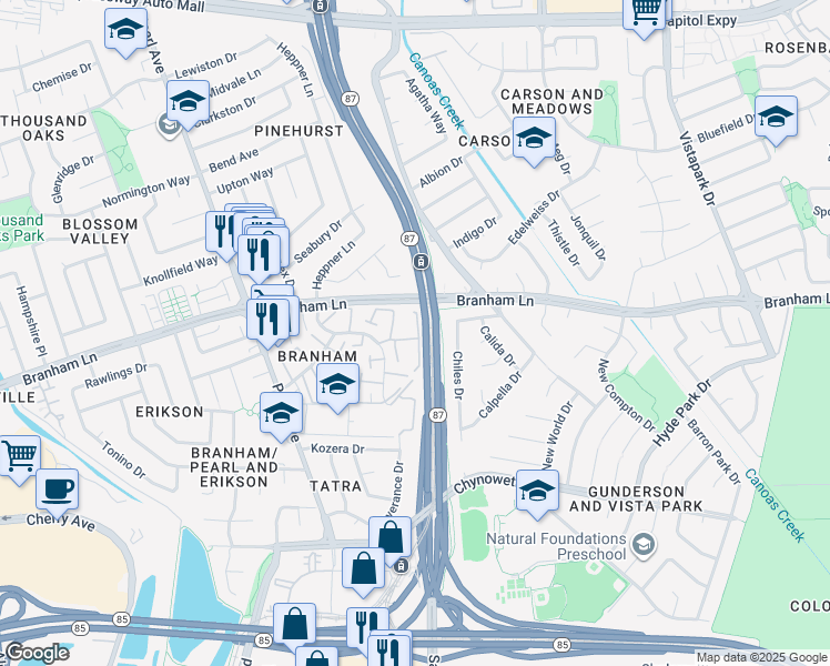 map of restaurants, bars, coffee shops, grocery stores, and more near 4622 Adobe River Court in San Jose