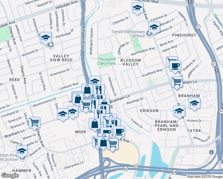 map of restaurants, bars, coffee shops, grocery stores, and more near 4494 Thousand Oaks Drive in San Jose